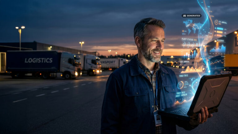 Unternehmer für Logistik-Diensteleistungen analysiert mit KI-Integration die Daten aus dem Telematik-System.