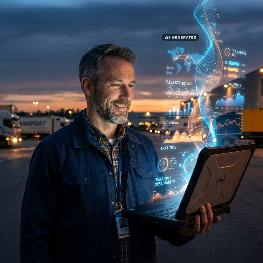 Unternehmer für Logistik-Diensteleistungen analysiert mit KI-Integration die Daten aus dem Telematik-system.
